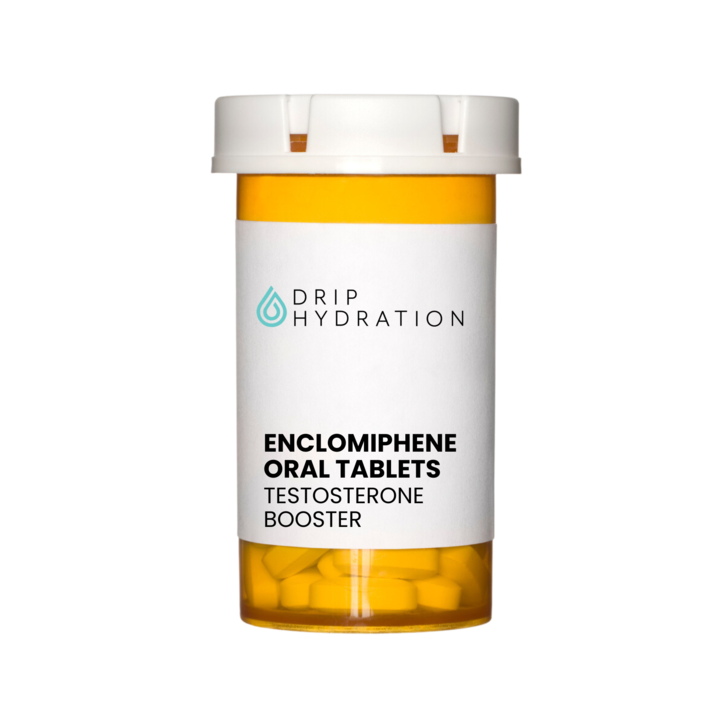 bottle of oral enclomiphene tablets, with drip hydration logo